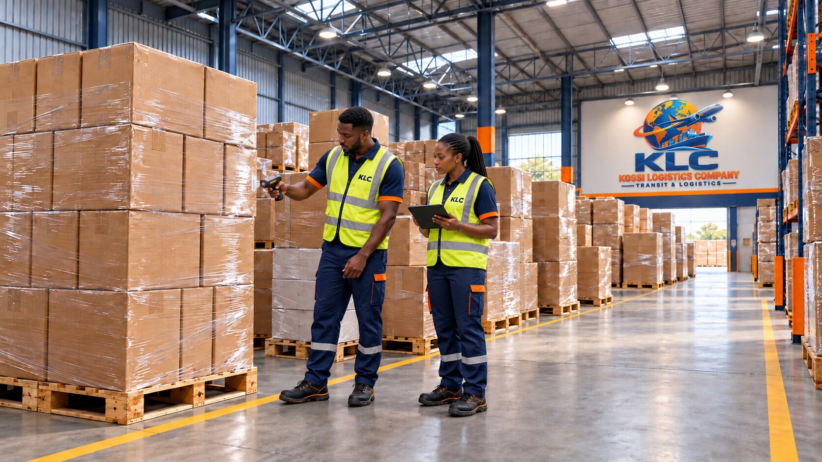 Entrepôt logistique aux couleurs KLC avec un jeune homme et une jeune femme contrôlant les colis