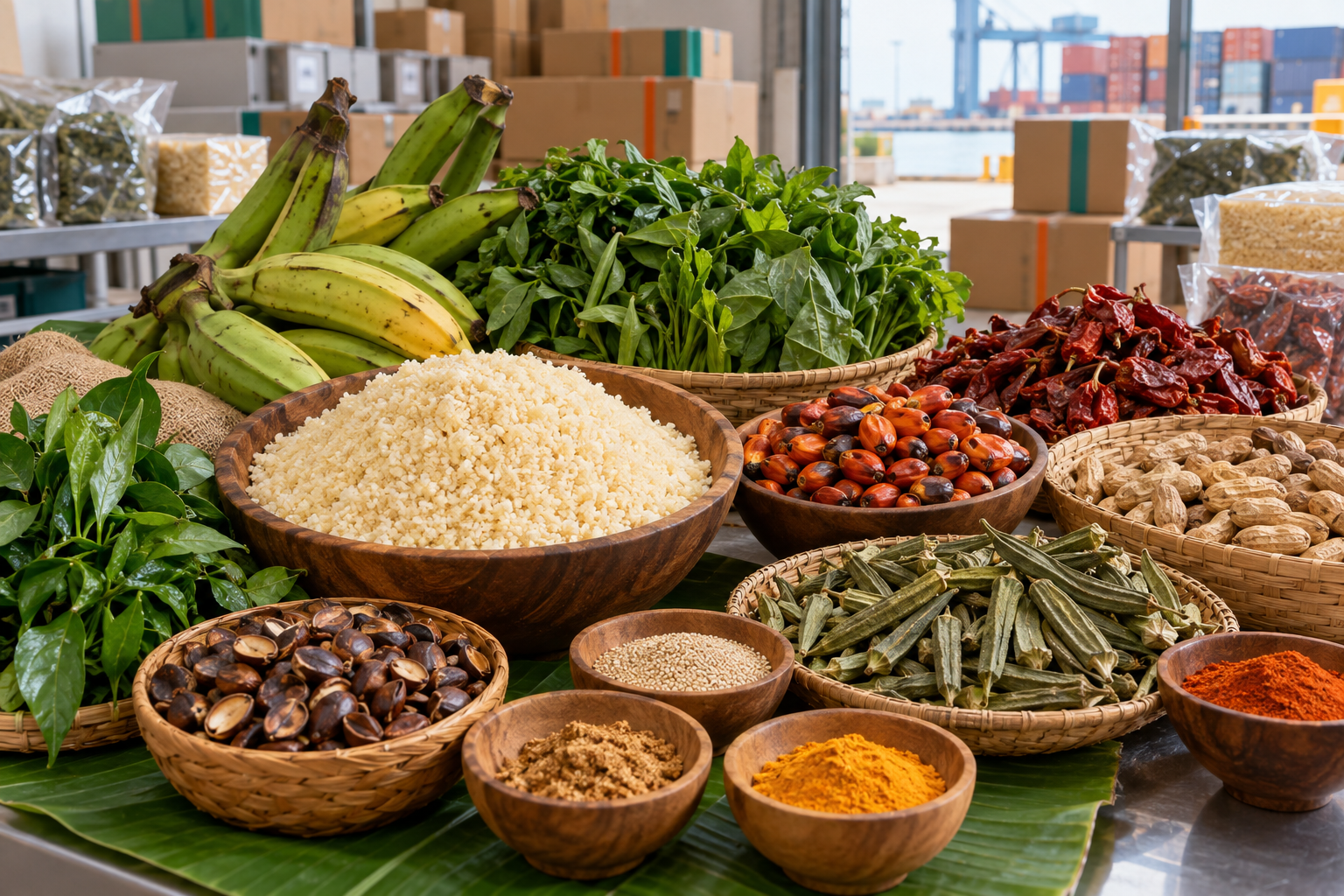 Assortiment de denrées alimentaires ivoiriennes fraîches et sèches préparées pour l’exportation