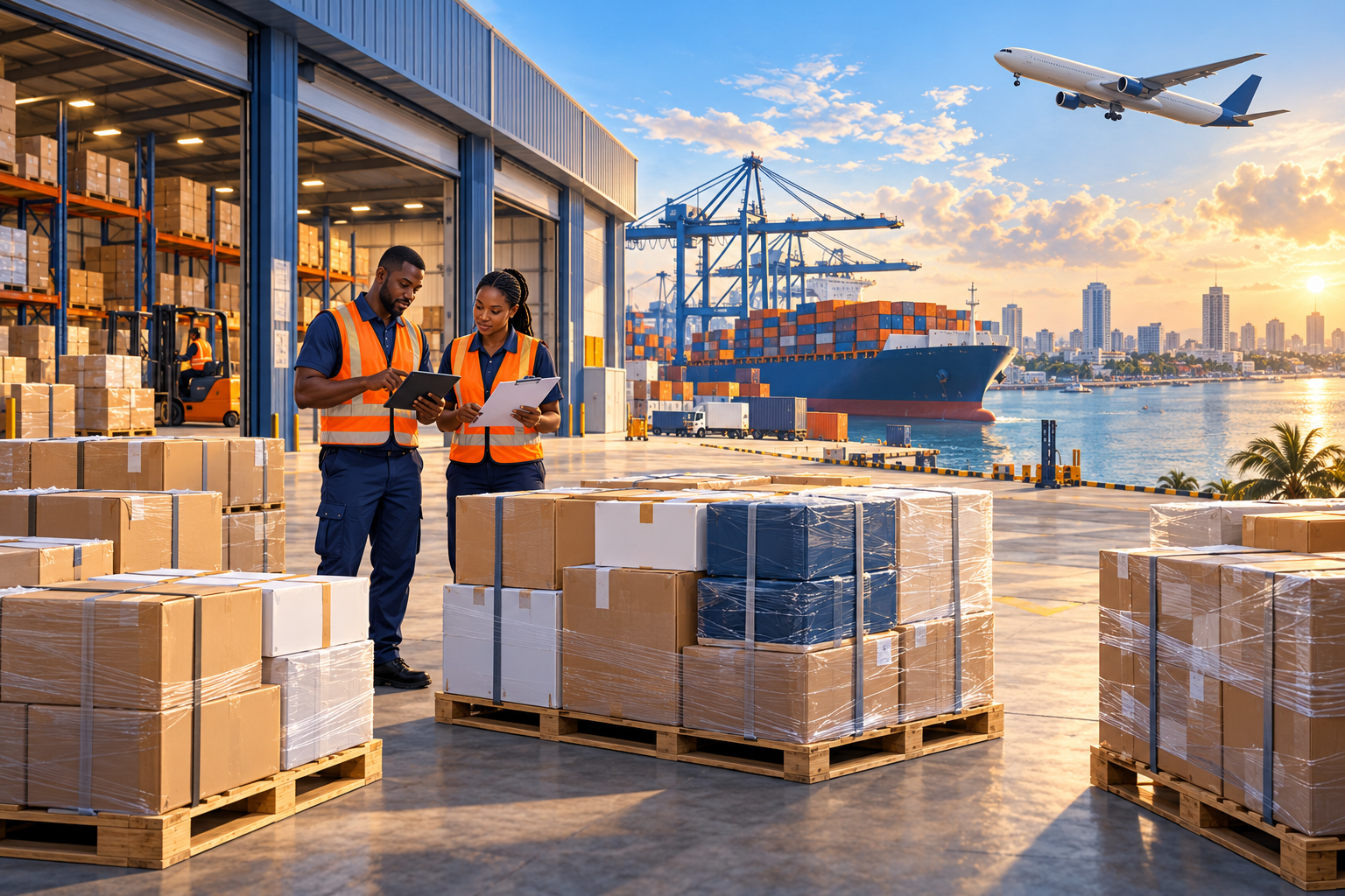 Professionnels de la logistique contrôlant des palettes regroupées en entrepôt, avec un navire et un avion en arrière-plan.